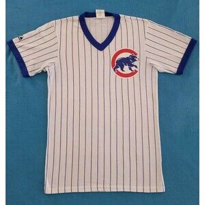 Vintage Majestic Chicago Cubs T-Shirt Small Stripe V Neck Ringer MLB USA